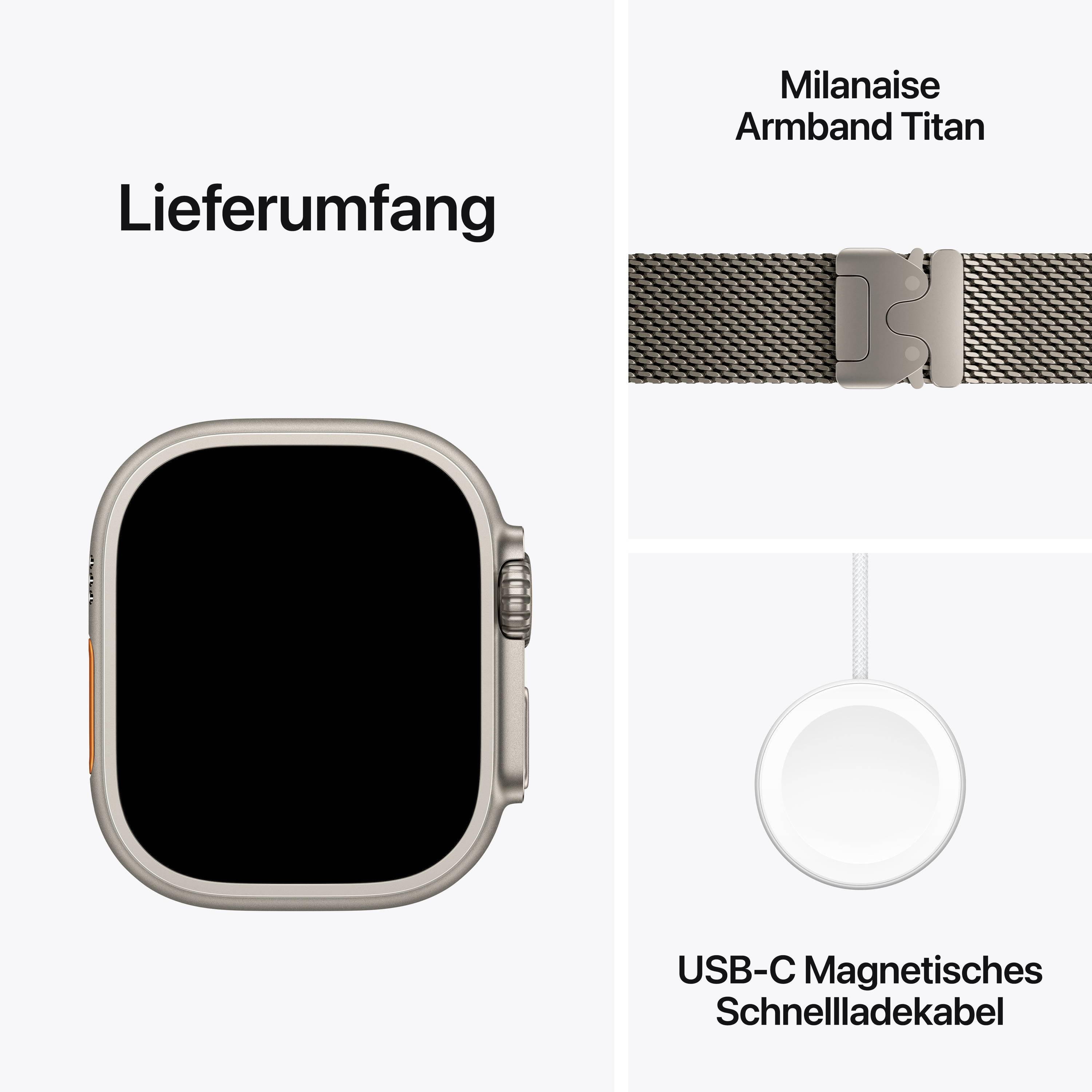 Contenu de la livraison : Sont illustrés une montre intelligente, un bracelet milanais en titane et un câble de charge magnétique USB-C.