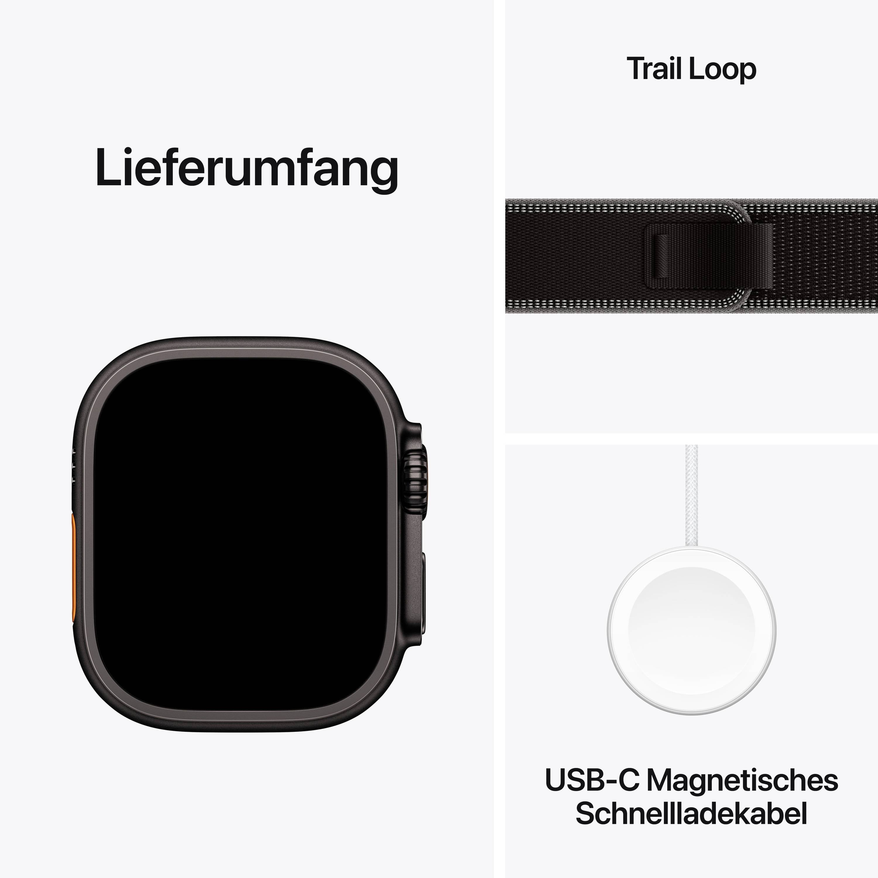Contenu de la livraison présente une montre connectée noire, un bracelet noir à fermeture velcro et un câble de charge magnétique USB-C rond et blanc.