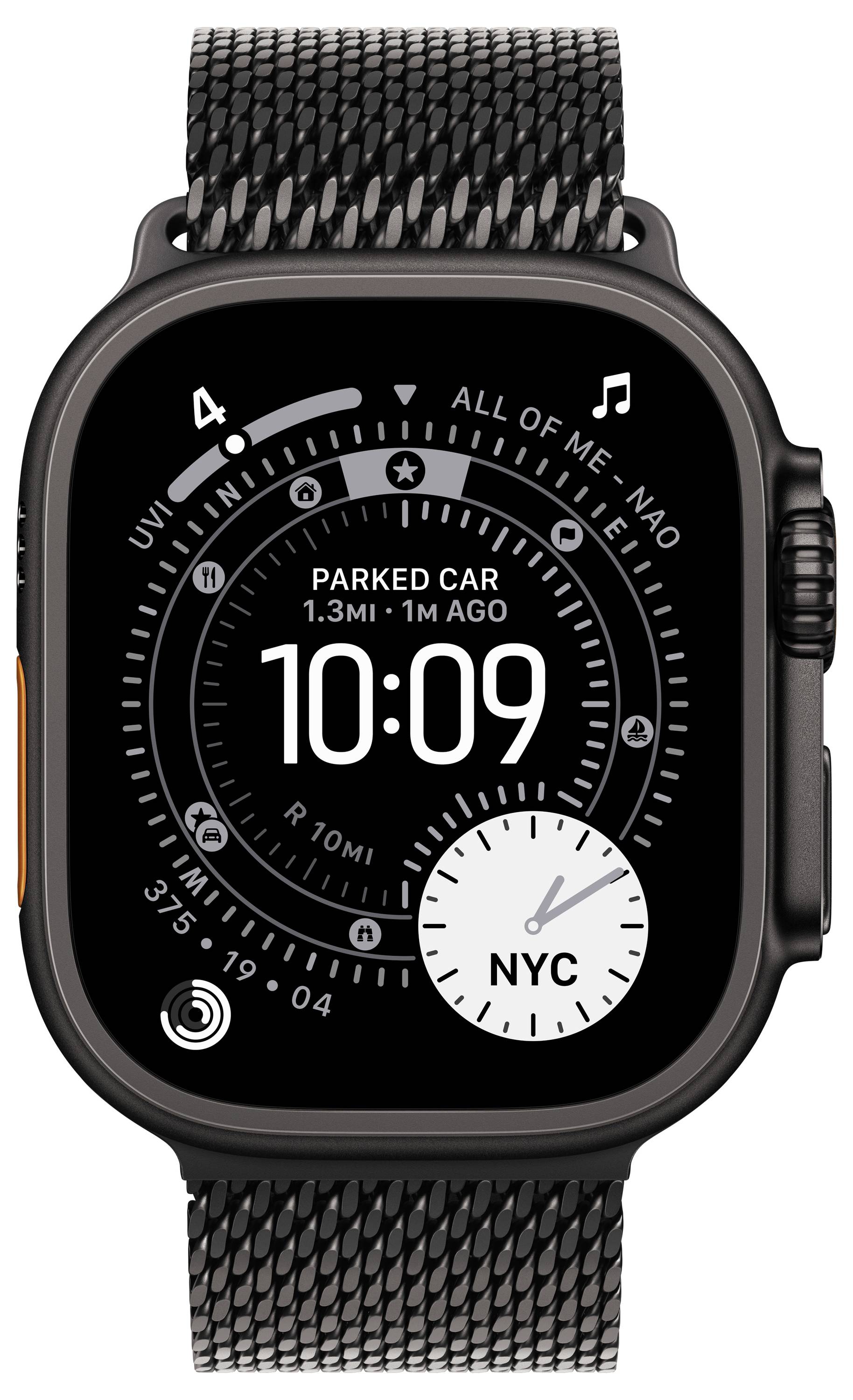 Montre connectée affichant l'heure '10:09', musique, emplacement de voiture garée '1,3 mi, il y a 1 min', et fuseau horaire de New York. Bracelet en maille visible.