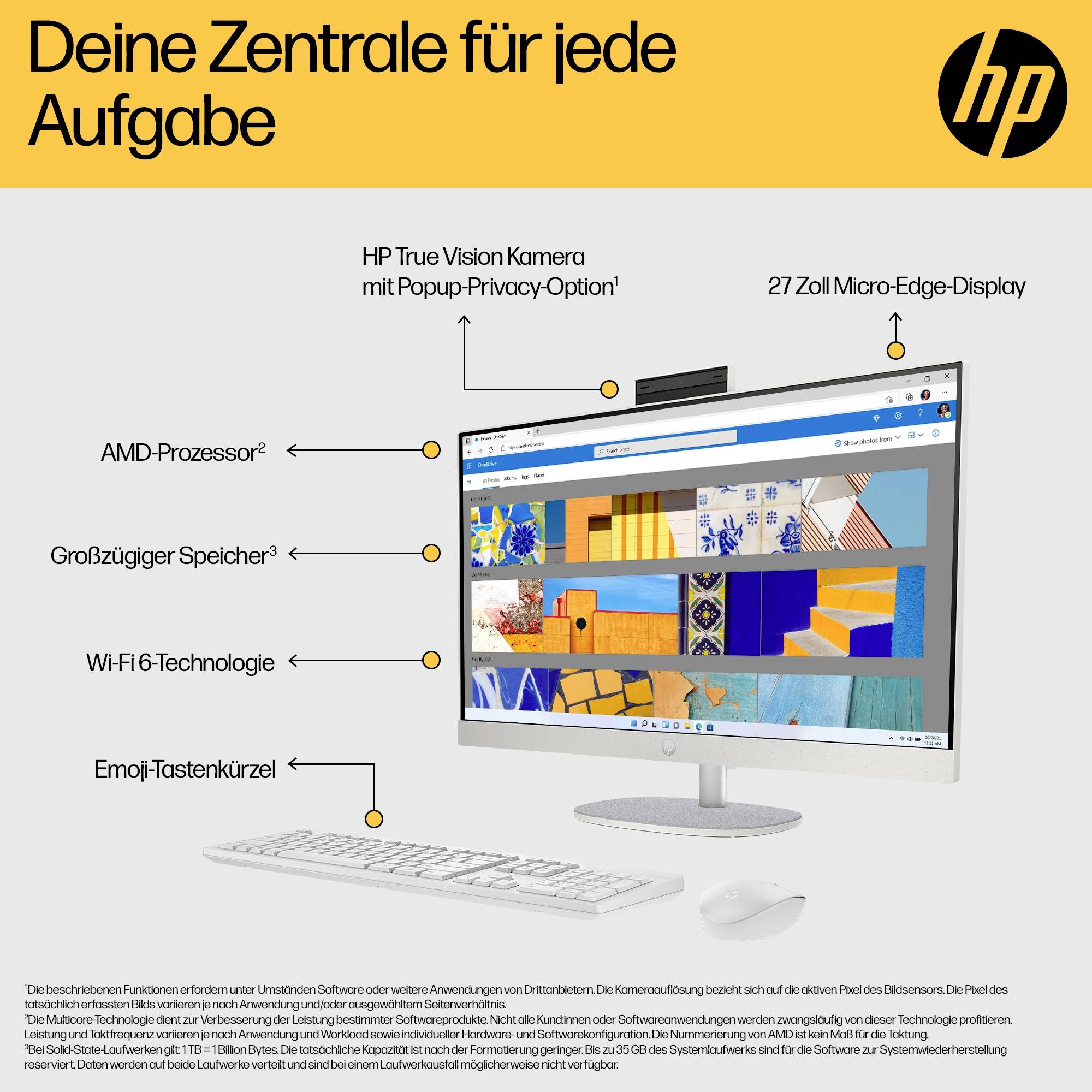 Vue intérieure d'un ordinateur HP avec un écran Micro-Edge de 27 pouces. Fonctionnalités : caméra HP True Vision, confidentialité escamotable, grande capacité de stockage, processeur AMD.
