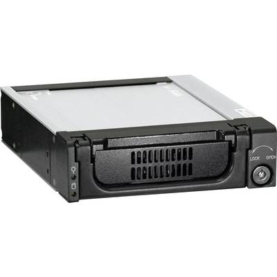 Un boîtier de disque dur noir avec un verrou et un panneau avant ventilé conçu pour une installation sécurisée dans un ordinateur.