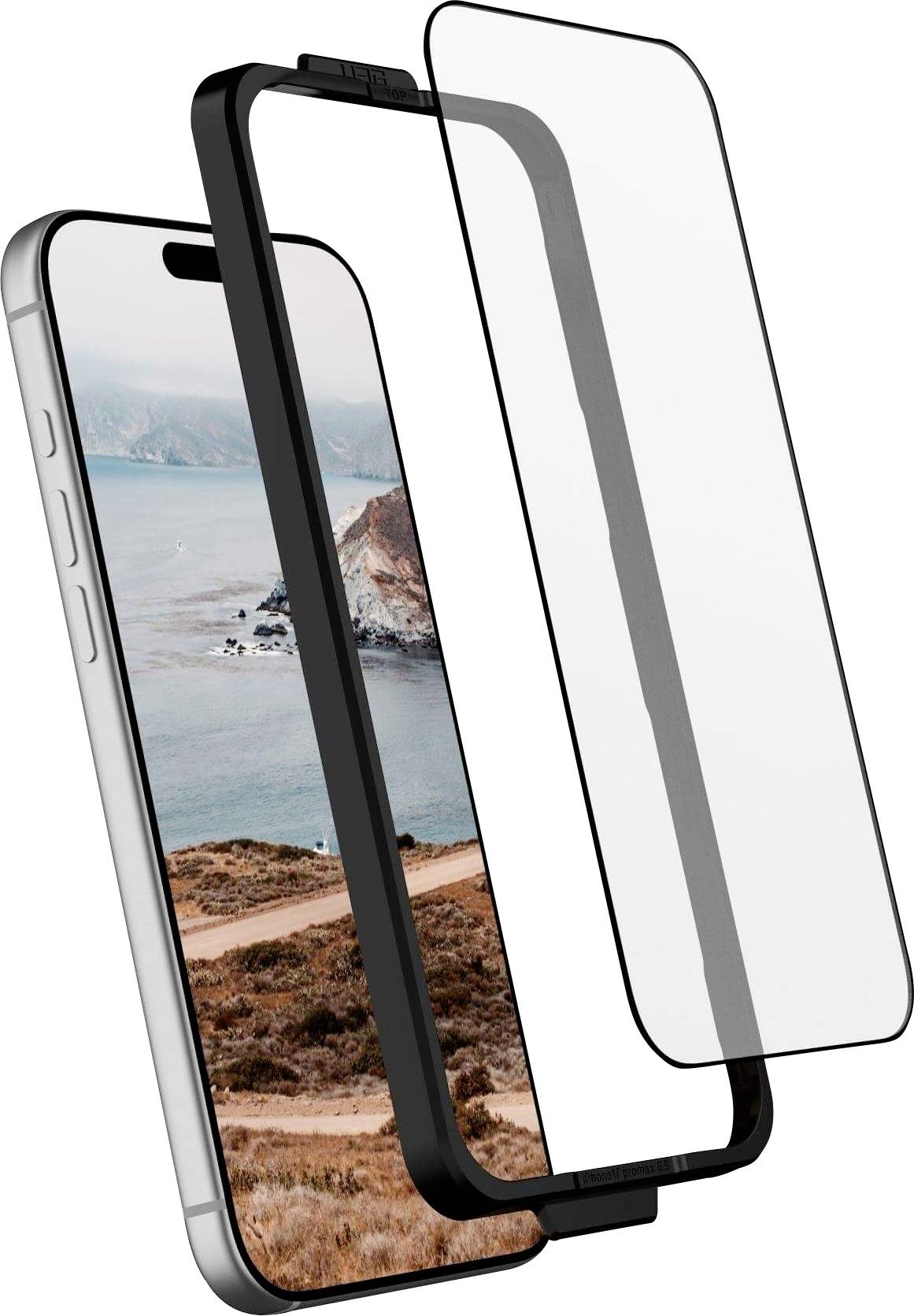 Un smartphone dont l'écran affiche un panorama de vue océanique, accompagné d'un protecteur d'écran transparent avec un cadre noir placé au-dessus.