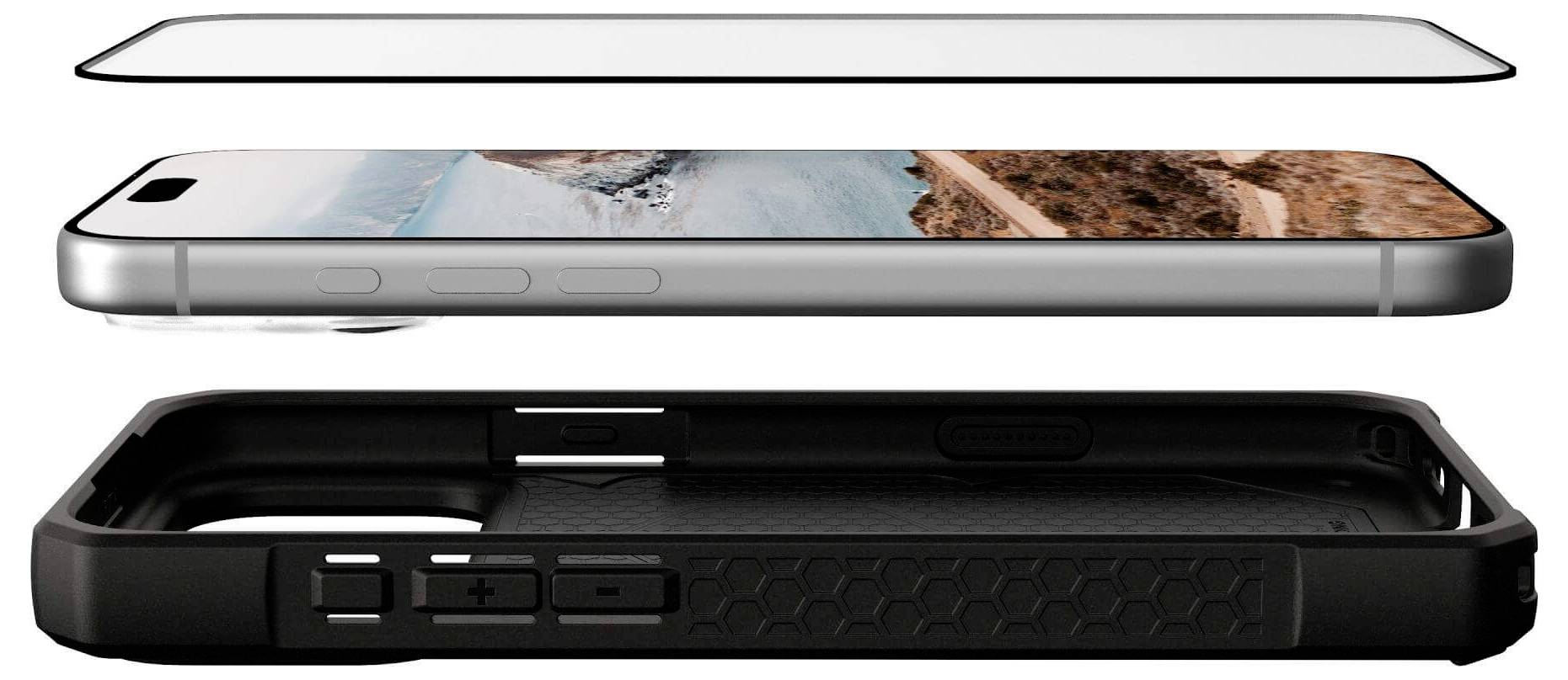 Conception d'une protection pour smartphone en trois couches montrant un protecteur d'écran transparent, une vue latérale du téléphone et un étui de protection noir.