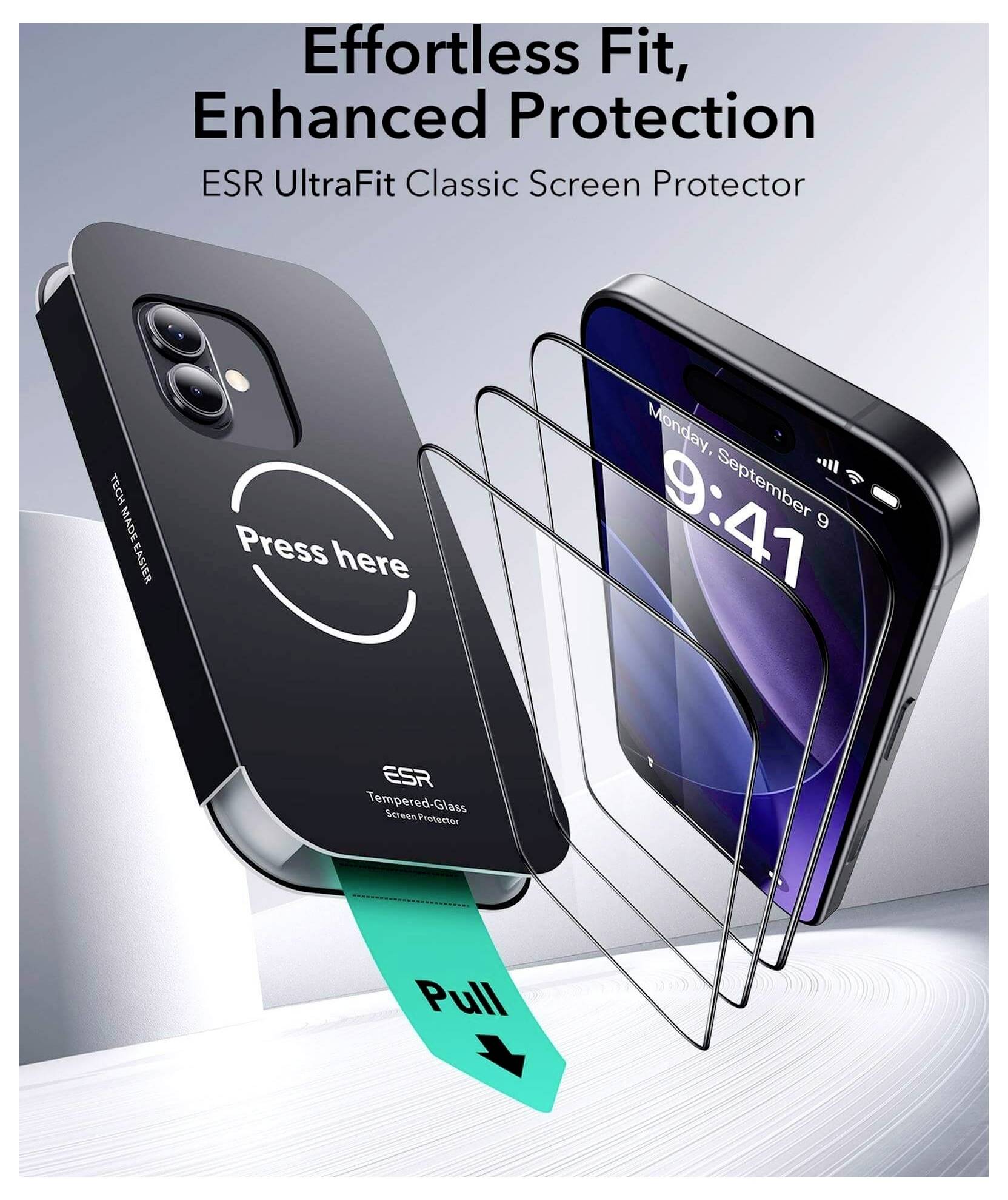 Protection d'écran UltraFit Classic ESR' avec un guide d'application sur un téléphone et le texte 'Installation Facile, Protection Renforcée'.