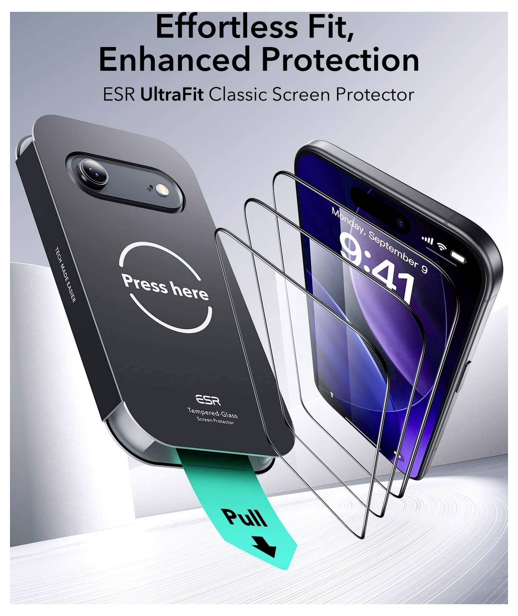 Protecteur d'écran ESR UltraFit Classic montré sur un smartphone. L'instruction indique « Appuyez ici » avec une languette de retrait visible portant l'étiquette « Tirer ».