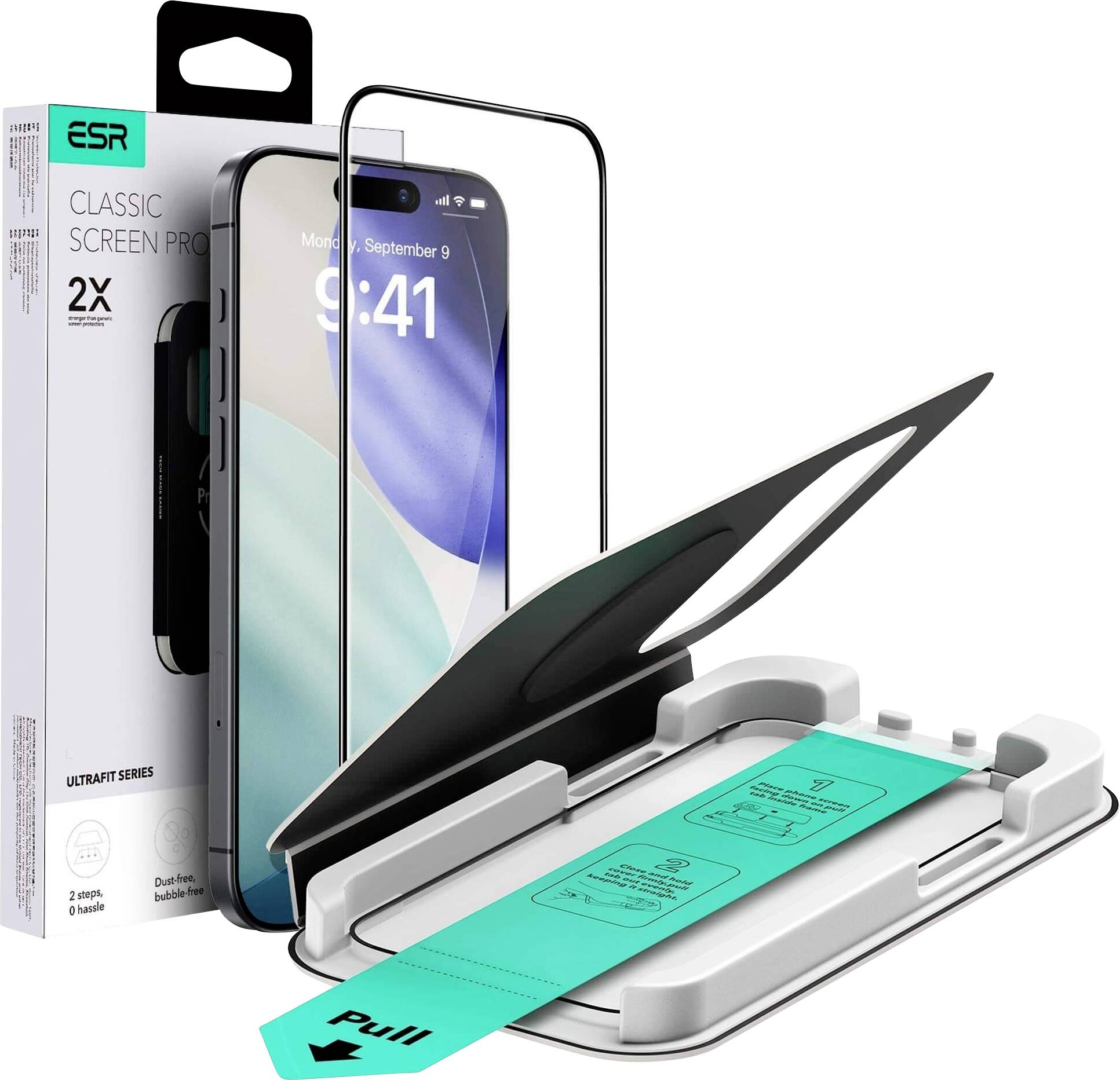 Kit de protection d'écran pour smartphone par ESR, comprenant un protecteur transparent, un outil d'alignement et son emballage. Conçu pour une installation facile.