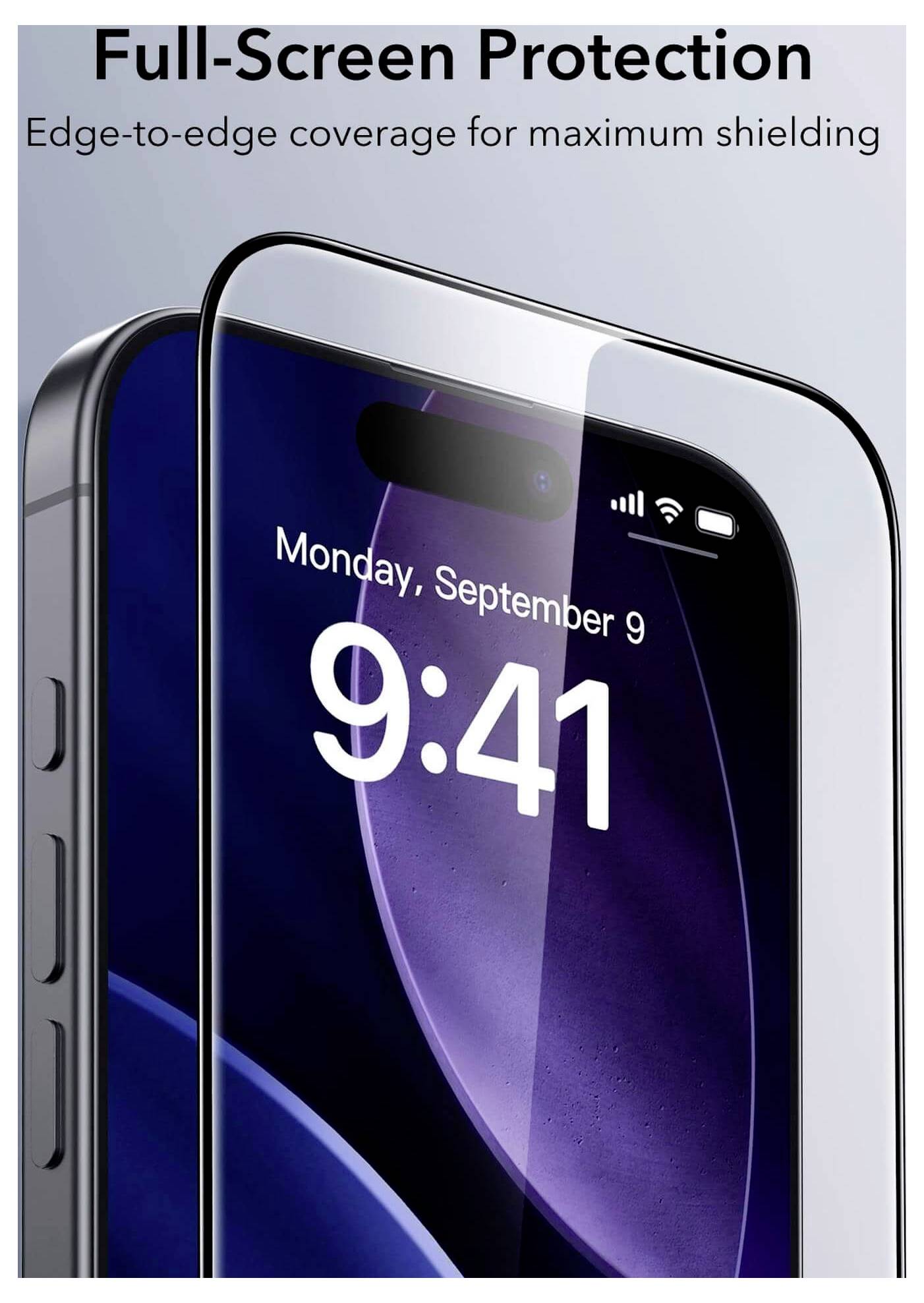 Un smartphone avec un protecteur d'écran est affiché, montrant la date « Lundi 9 septembre » et l'heure « 9:41 ». Le texte au-dessus indique « Protection Plein Écran ».