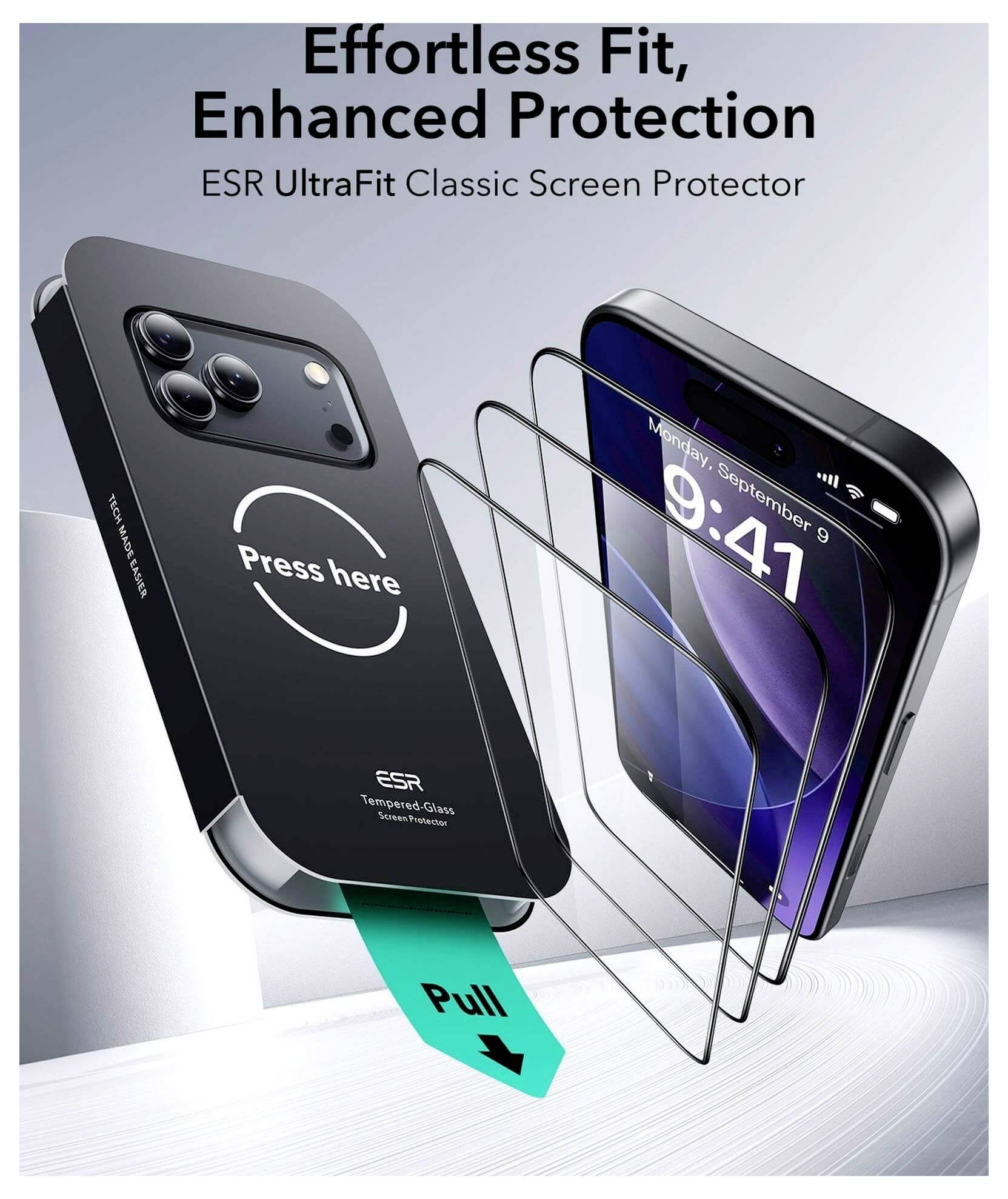 Protection Facile, Sécurité Renforcée - Protecteur d'Écran ESR UltraFit Classic en cours d'installation sur un smartphone avec sa languette de pose.