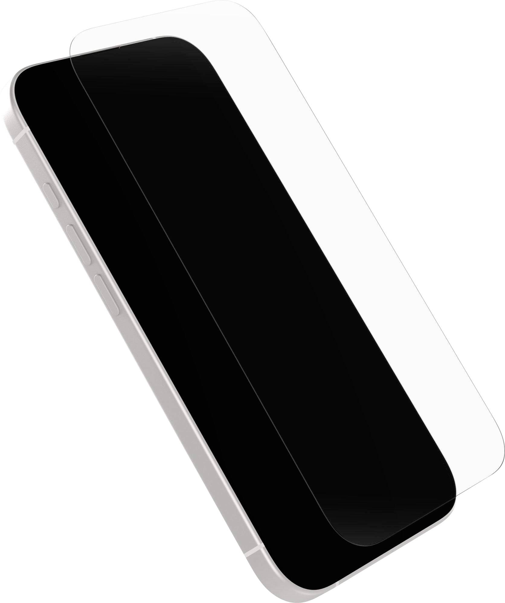 Un smartphone incliné à un certain angle avec un protecteur d'écran transparent placé par-dessus, montrant l'alignement et la couverture.