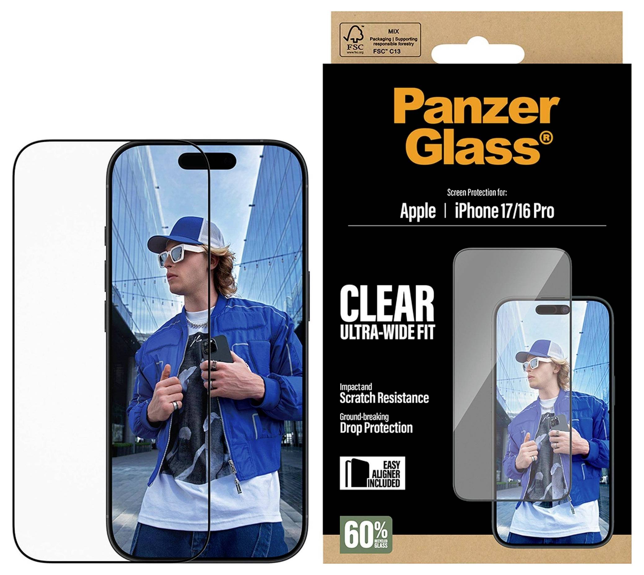 Protecteur d'écran PanzerGlass pour Apple iPhone 17/16 Pro. Caractéristiques : transparent, ajustement ultra-large, résistance aux impacts et aux rayures, 60 % recyclé.