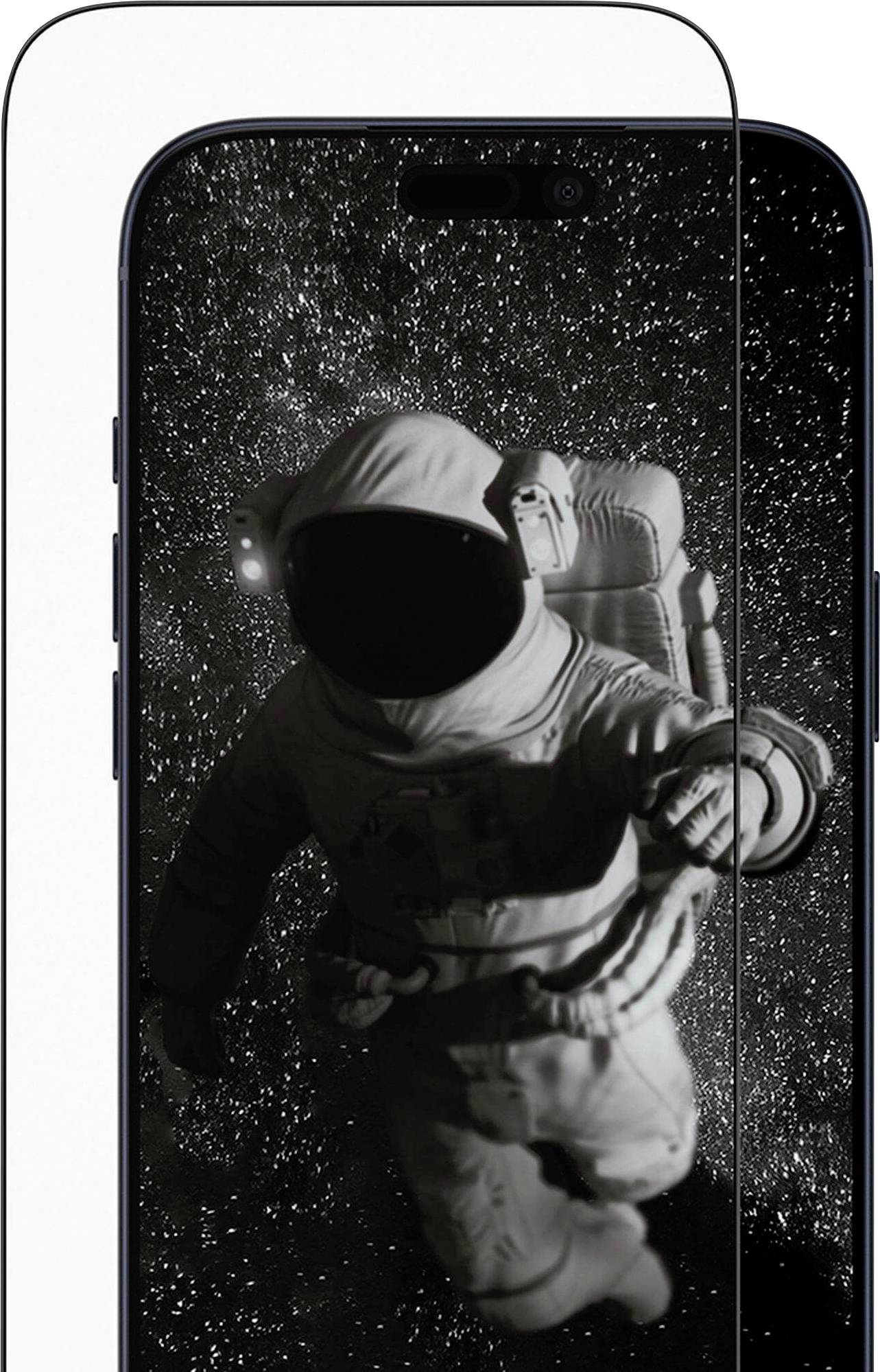 'Smartphone affichant un astronaute flottant dans l'espace, mettant en valeur la qualité lumineuse et vive de l'écran du téléphone sur un fond étoilé.'