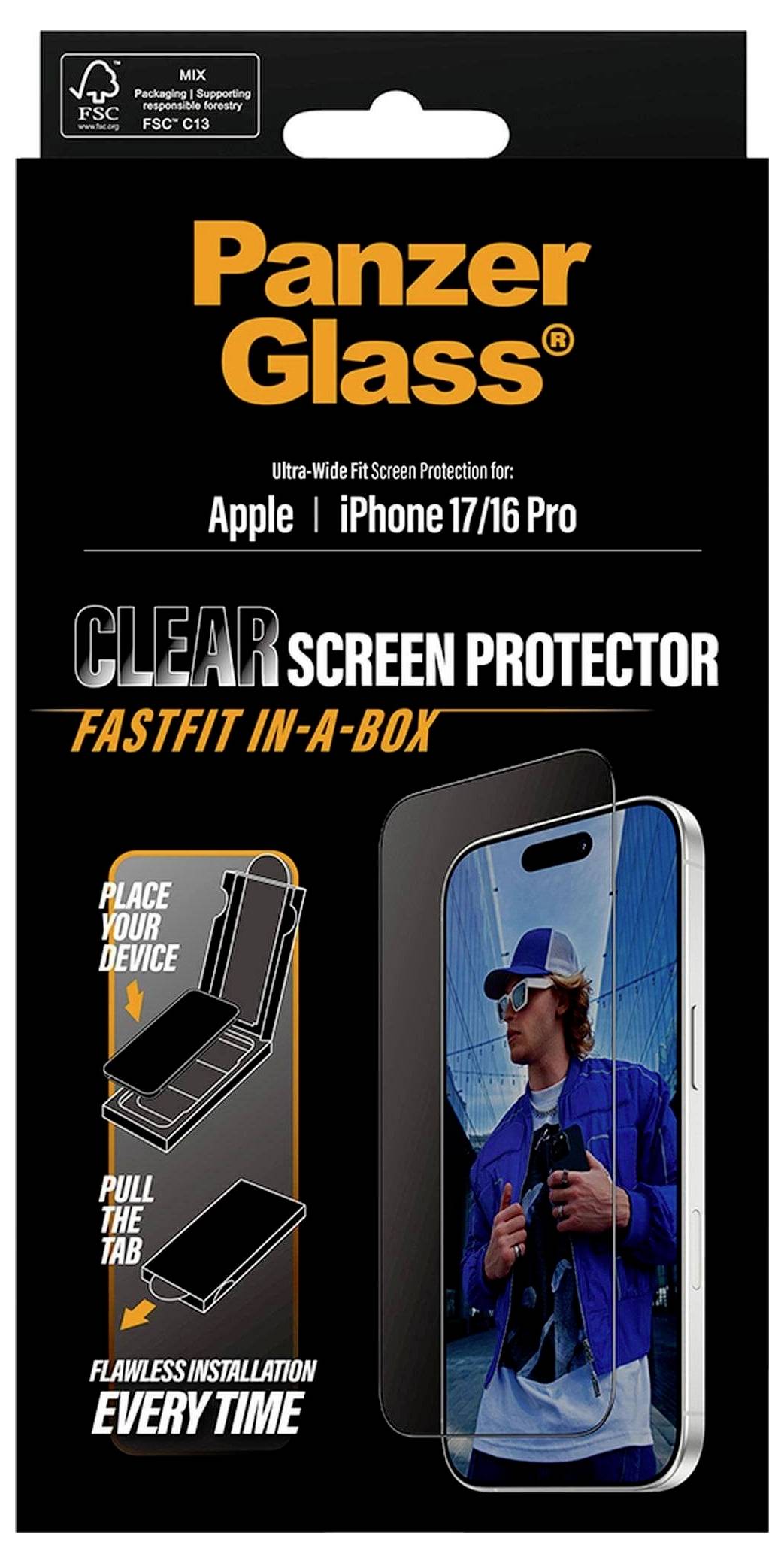 Protecteur d'écran 'Panzer Glass' pour iPhone 17/16 Pro, comprenant une couverture transparente, des instructions d'installation faciles et une image d'un homme utilisant un téléphone.