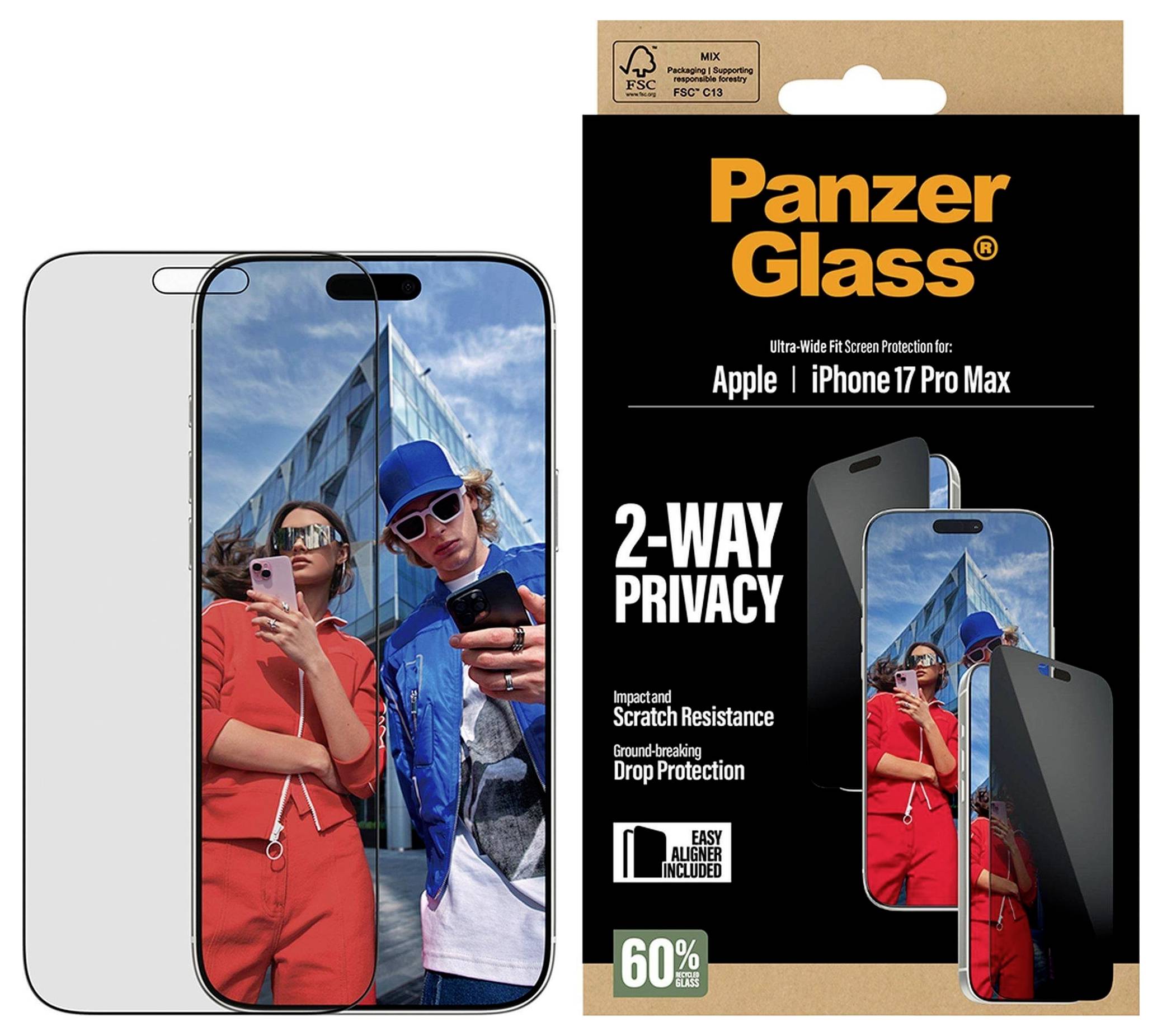 Boîte de Protection d'écran Panzer Glass à Confidentialité Bidirectionnelle pour iPhone 17 Pro Max. Comprend une fonctionnalité de confidentialité, une résistance aux chocs et 60% de matériaux recyclés.