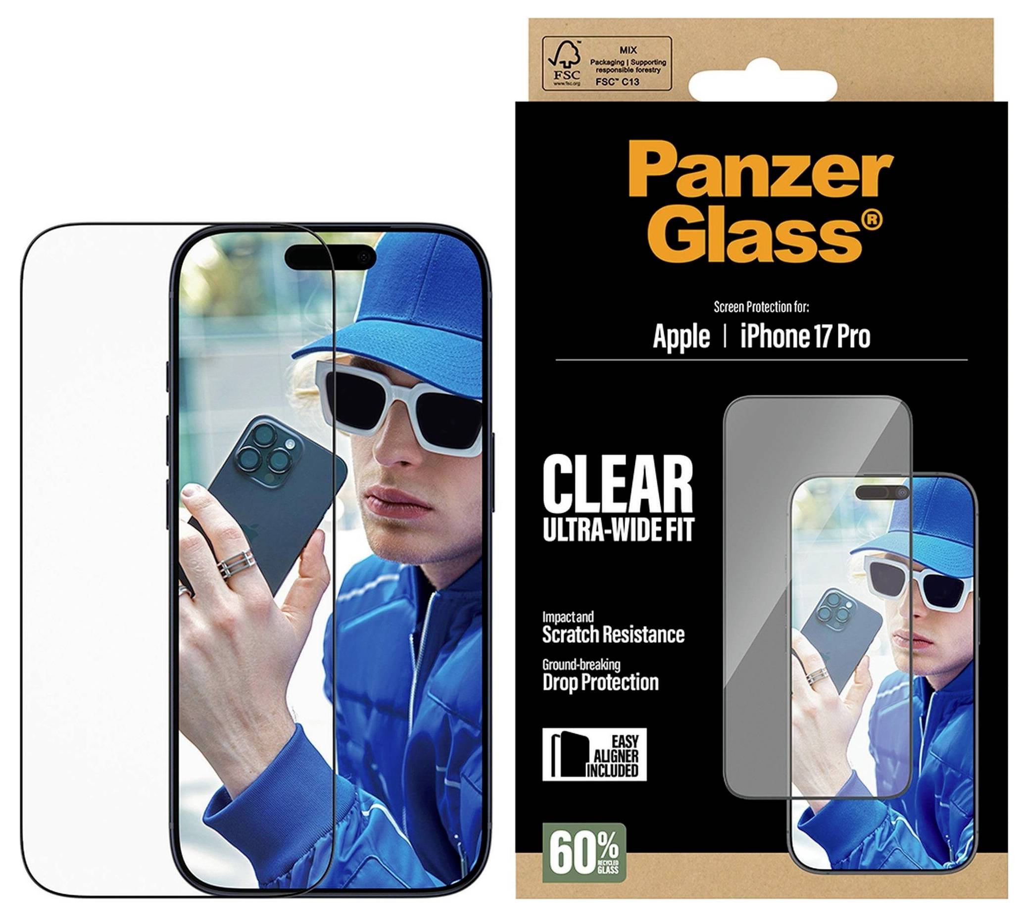 Une personne portant des lunettes de soleil tient un iPhone avec un étui de protection. Le texte « Panzer Glass » indique qu'il s'agit de l'emballage d'un protecteur d'écran.