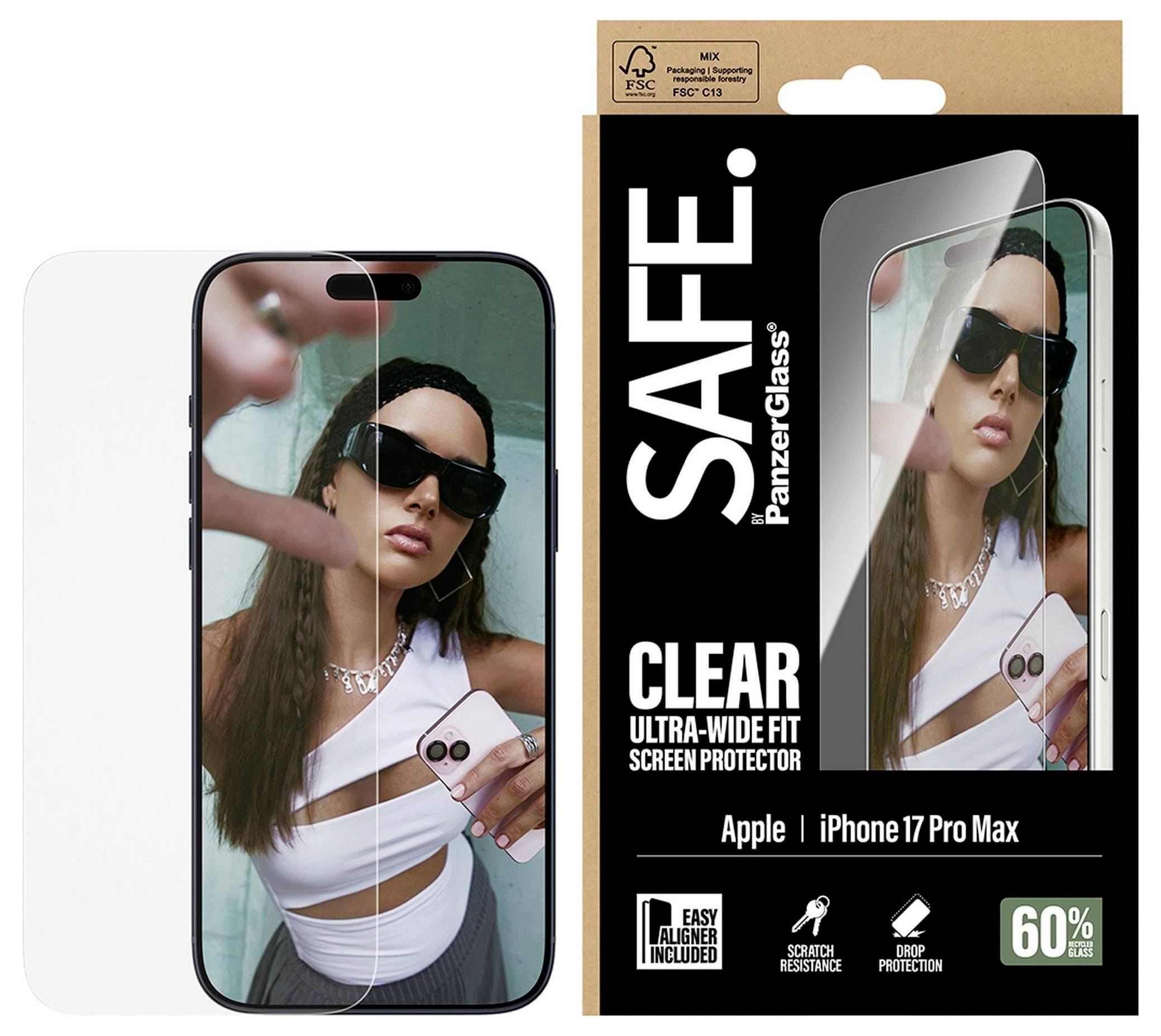 iPhone avec protecteur d'écran installé, affichant une femme prenant un selfie. L'emballage met en avant les caractéristiques : transparence, ajustement ultra-large, résistance aux rayures.