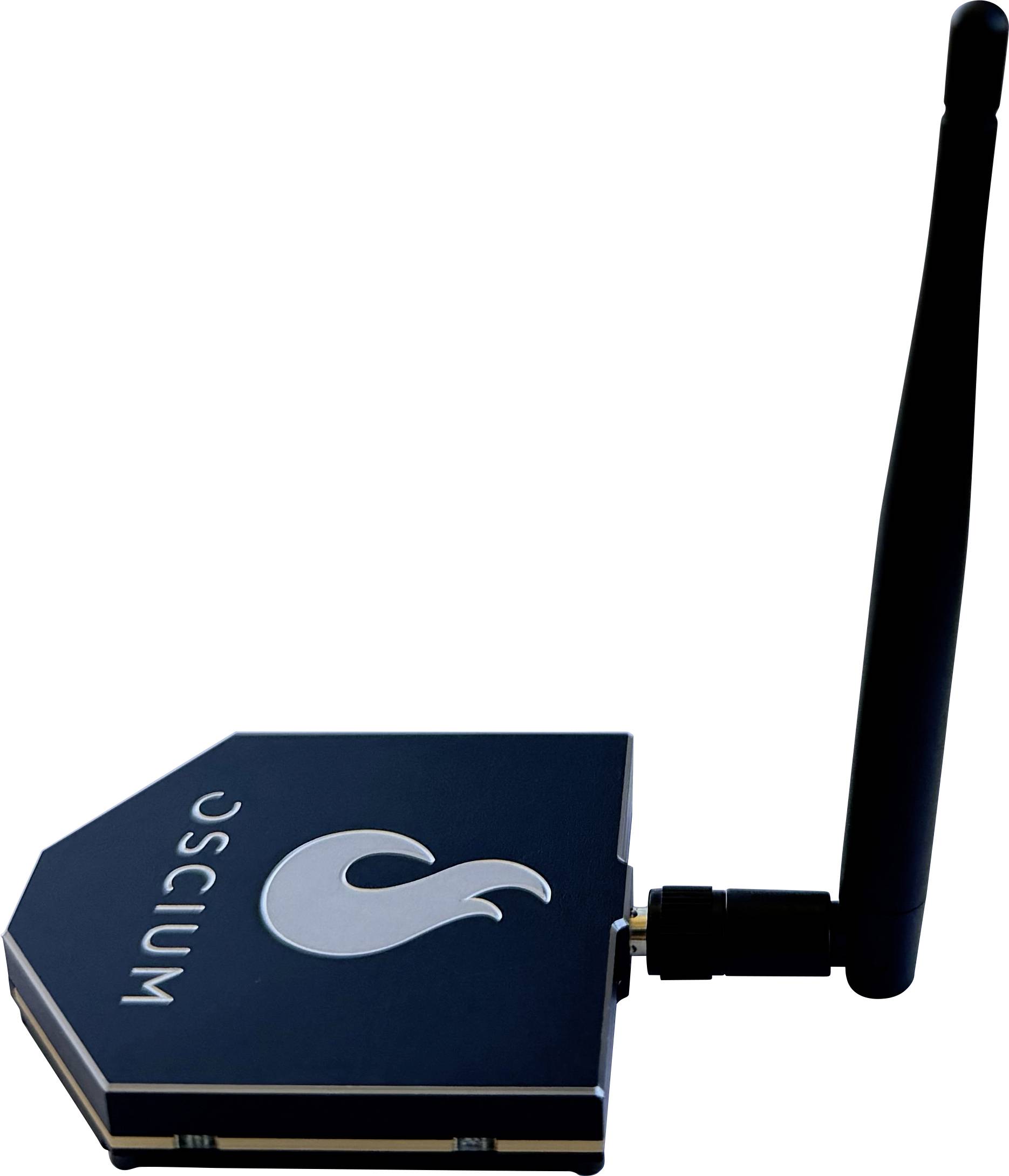Un routeur Wi-Fi noir avec une antenne attachée, arborant un logo blanc sur sa surface, conçu pour améliorer la connectivité sans fil.