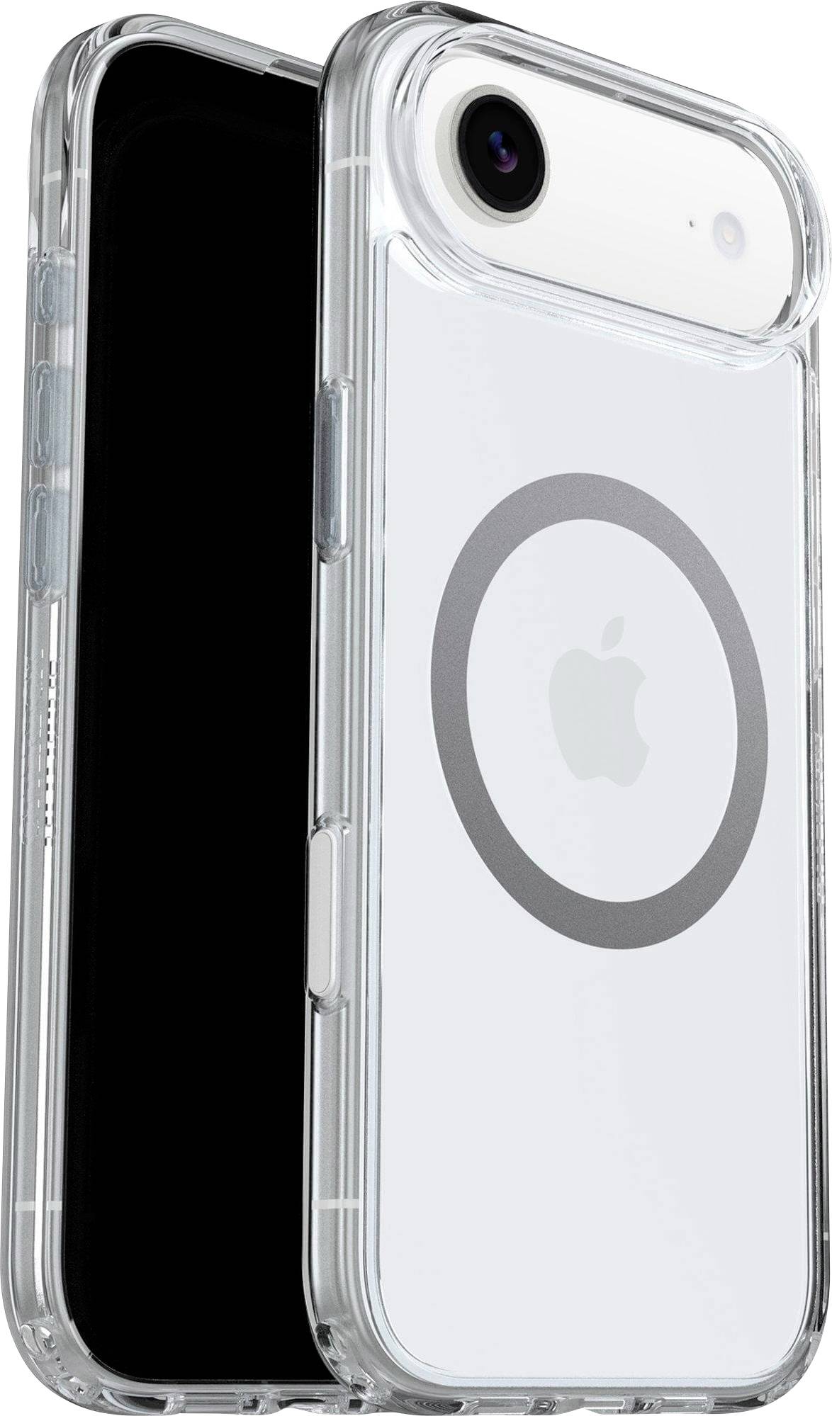 Étui de téléphone transparent avec un design MagSafe circulaire, montrant un téléphone à l'intérieur avec un objectif de caméra visible et le logo Apple.