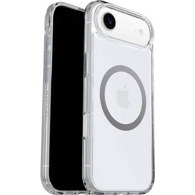 Étui de téléphone transparent avec un design MagSafe circulaire, montrant un téléphone à l'intérieur avec un objectif de caméra visible et le logo Apple.