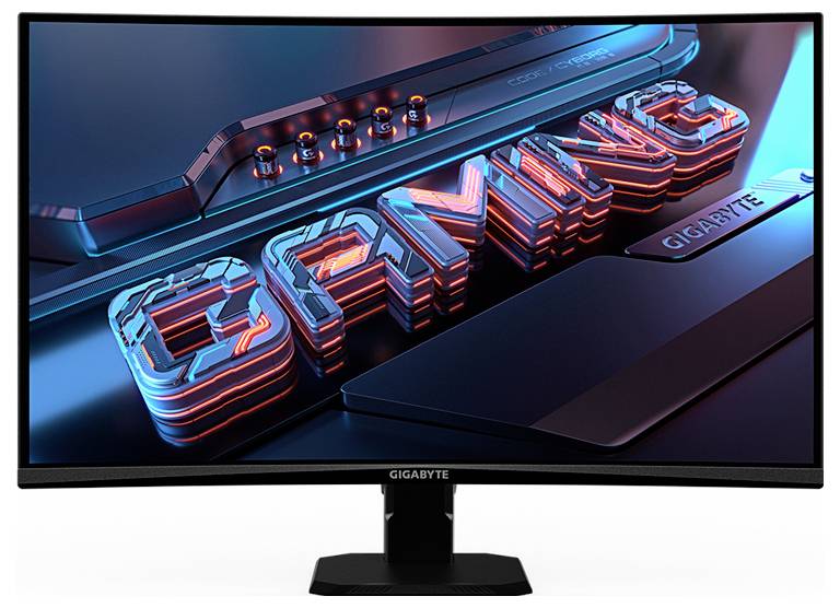 Un moniteur de jeu incurvé Gigabyte affiche le mot « GAMING » en lettres grasses et stylisées, avec un design futuriste, soulignant sa concentration sur le jeu vidéo.