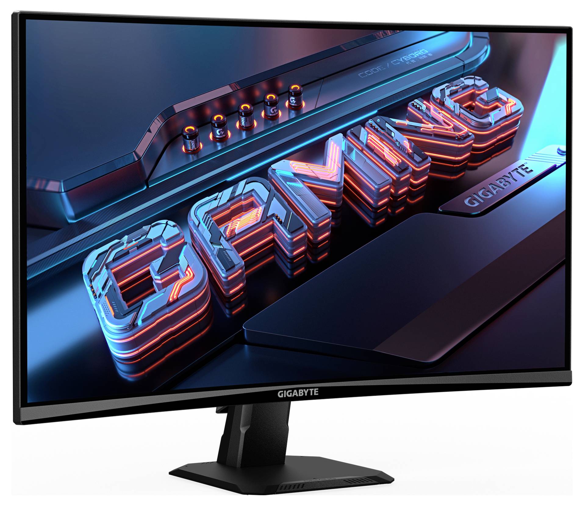L'image montre un écran d'ordinateur affichant un graphique 3D du mot « GAMING » dans des couleurs futuristes bleu et rouge, portant la marque Gigabyte.