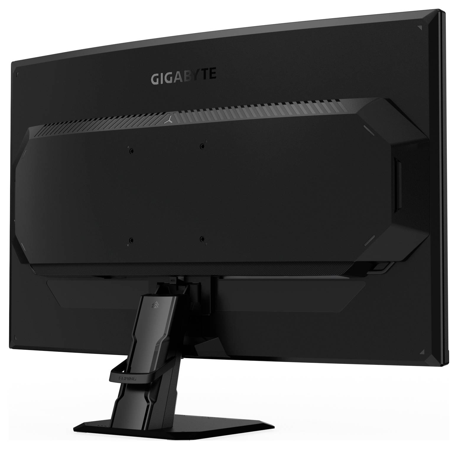 Un arrière plan d'un écran d'ordinateur Gigabyte noir sur son support, montrant sa conception de panneau arrière plat et le logo Gigabyte.