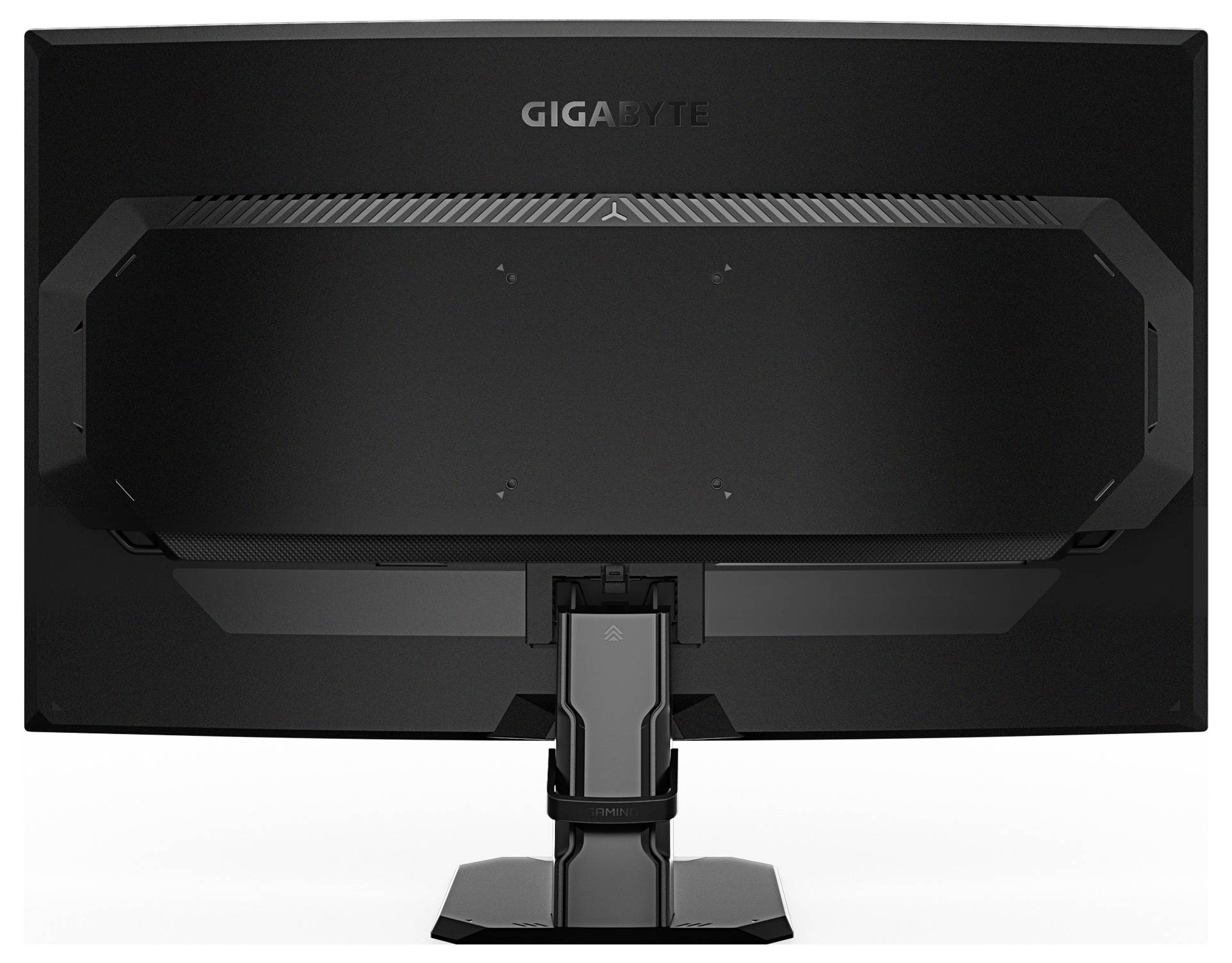 Un moniteur d'ordinateur noir GIGABYTE vu de dos, avec un support et une section ajourée près du haut.