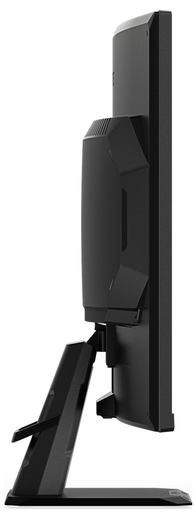 Vue latérale d'un moniteur d'ordinateur noir sur son support, mettant en valeur son profil fin et sa conception ajustable, adapté aux configurations ergonomiques.
