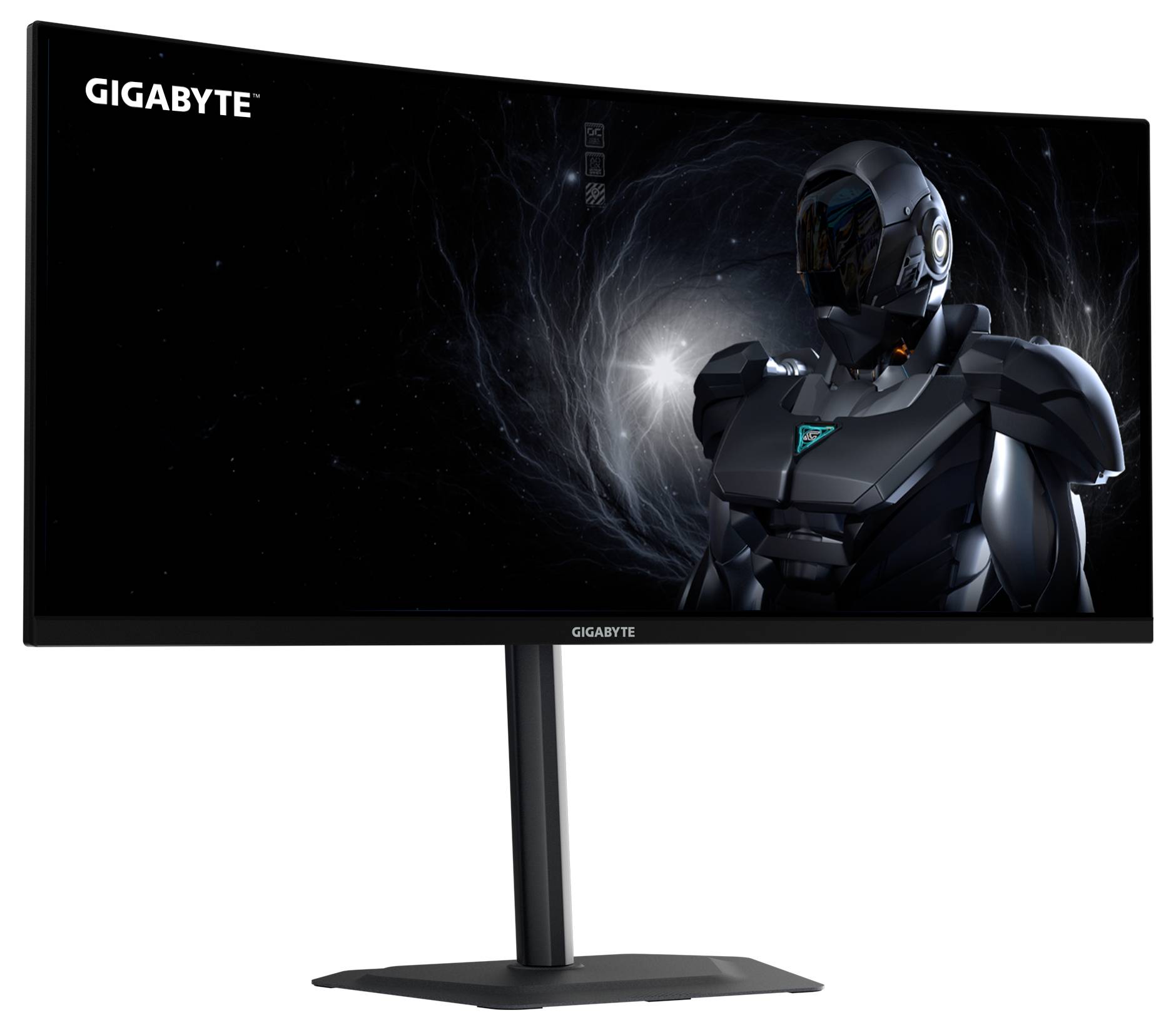 Un moniteur incurvé GIGABYTE affiche un robot de science-fiction sur un fond spatial sombre, mettant en valeur l'écran large et les visuels immersifs du moniteur.