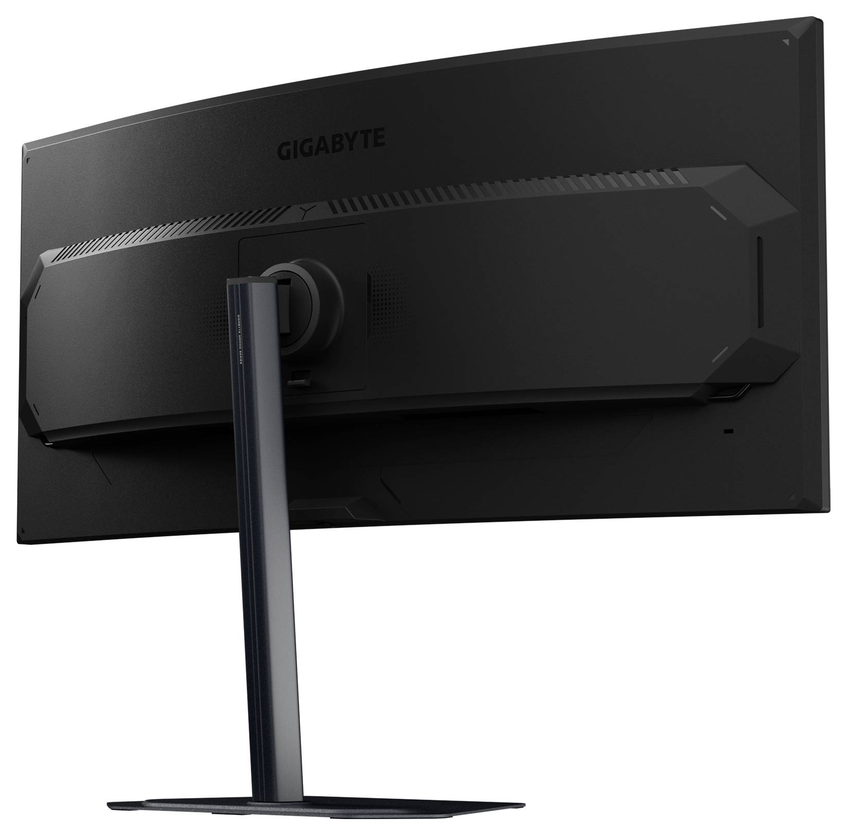 Un moniteur incurvé Gigabyte, vu de dos, montrant le support et les ports de connexion.