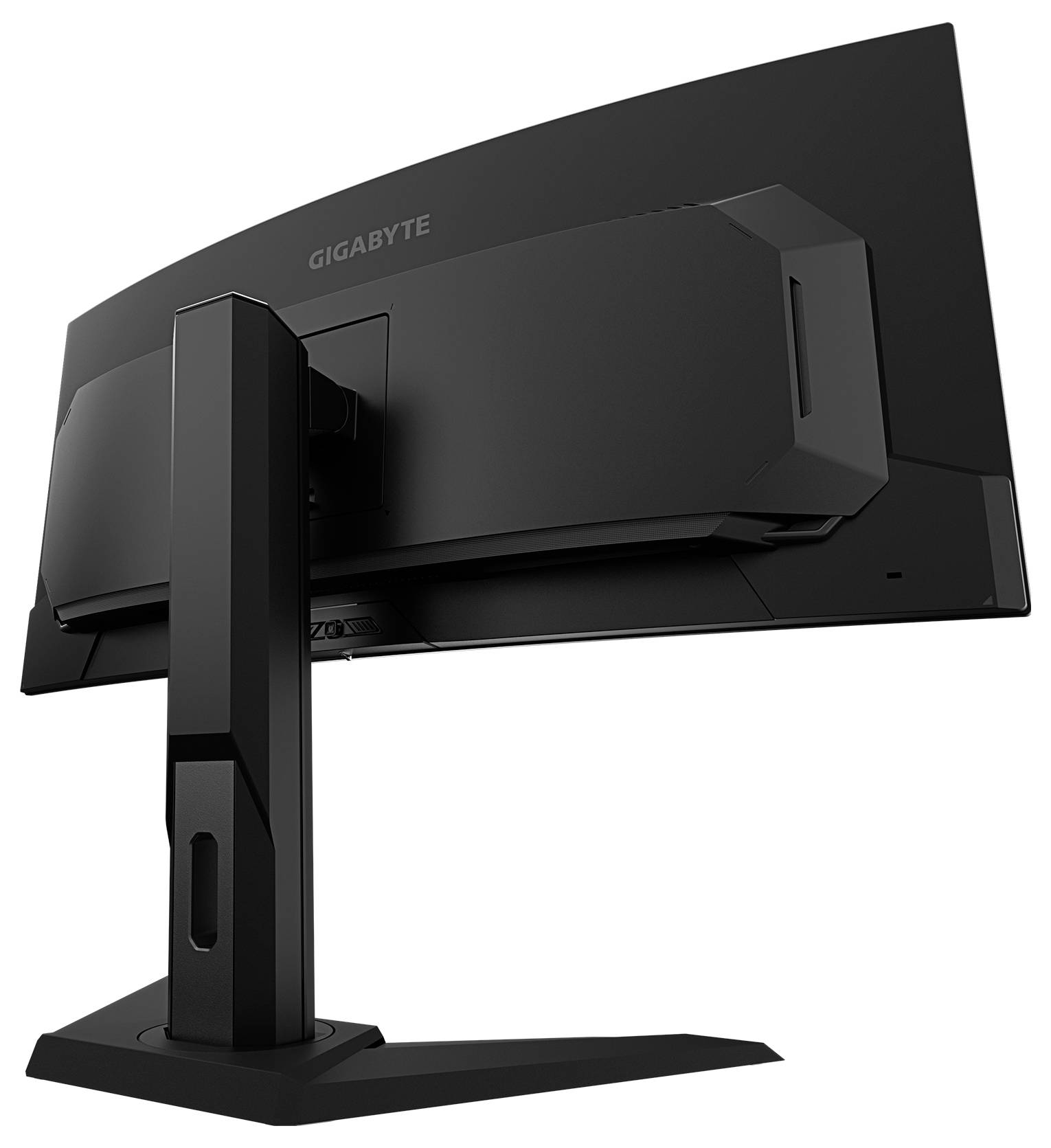 Un moniteur d'ordinateur noir et incurvé vu de dos, montrant son support et sa marque.