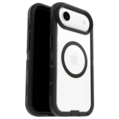 Un smartphone dans un étui robuste noir avec un dos transparent, laissant apparaître le logo Apple. L'étui présente des bords renforcés pour une protection optimale.