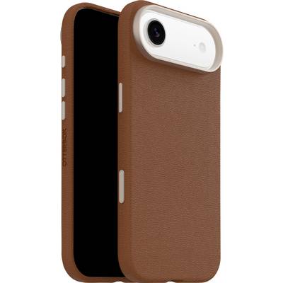 Un smartphone dans un étui brun texturé avec des boutons latéraux visibles, un appareil photo et un logo 'OtterBox'. L'écran est noir.