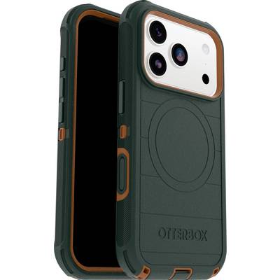 Un étui de smartphone robuste en vert et orange avec une découpe pour l'appareil photo et le texte 'OtterBox' gravé au dos, conçu pour sa durabilité.
