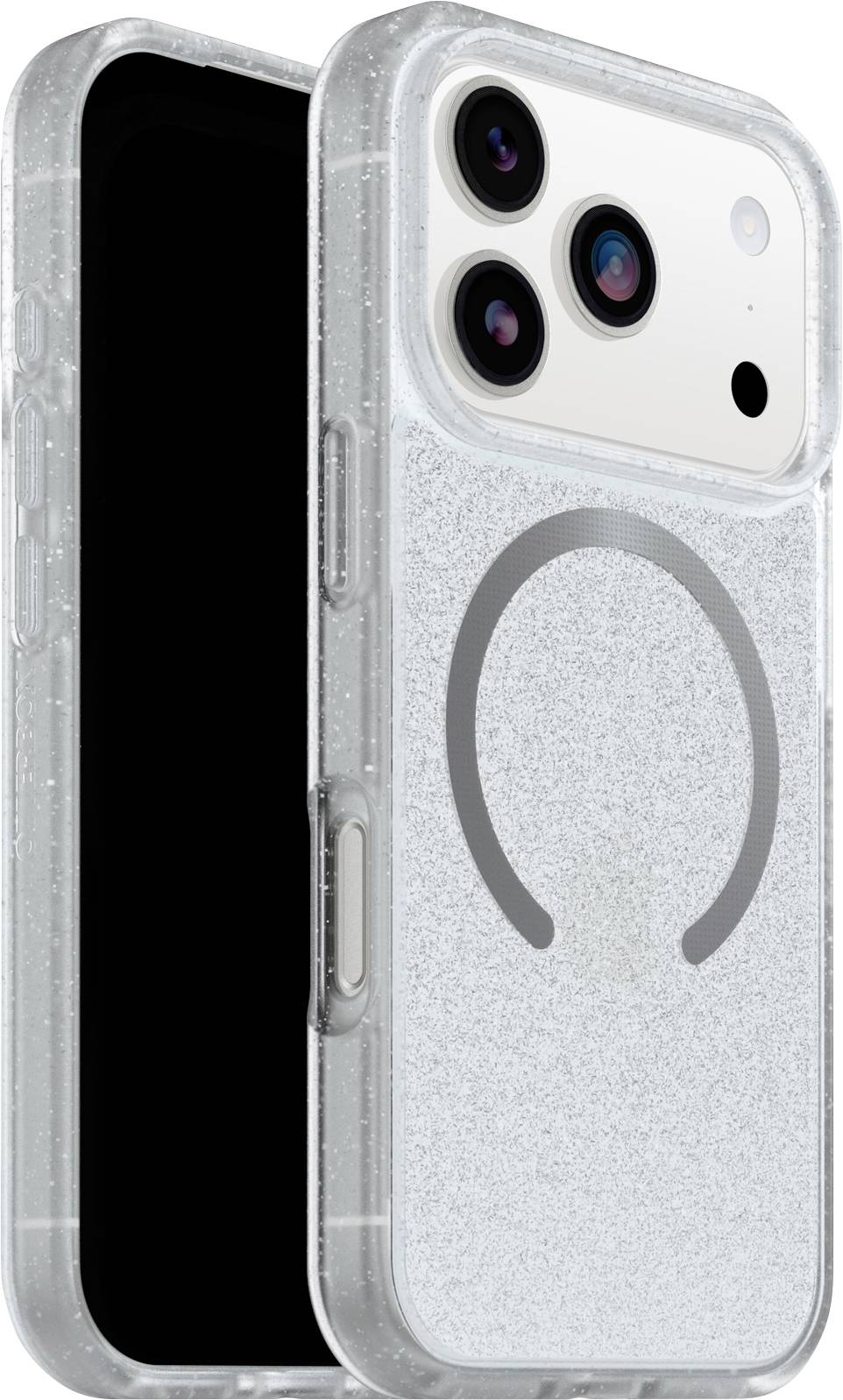 Un smartphone dans un étui transparent et scintillant est montré de dos. Le téléphone possède trois caméras arrière et un cercle magnétique à l'intérieur de l'étui.