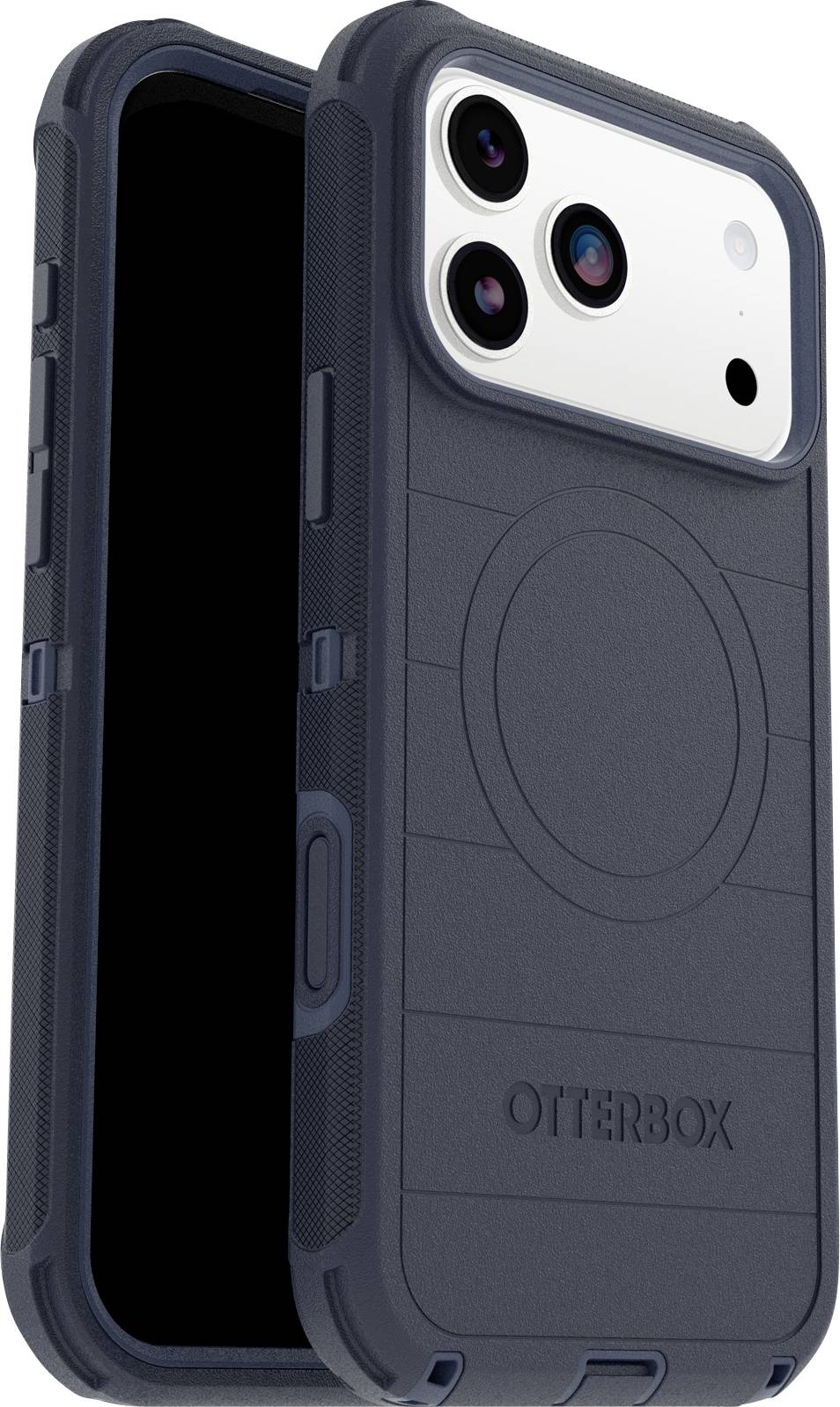 Un étui de smartphone bleu marine conçu pour la protection, avec des bords arrondis, des boutons visibles sur le côté et la mention 'Otterbox' gravée au dos.