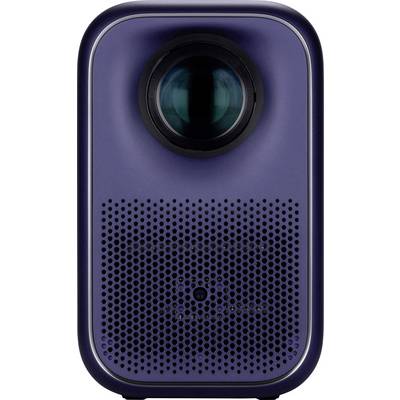 Un projecteur portable compact de couleur marine, doté d'un objectif proéminent et d'une grille de haut-parleur, conçu pour une utilisation domestique ou de bureau.