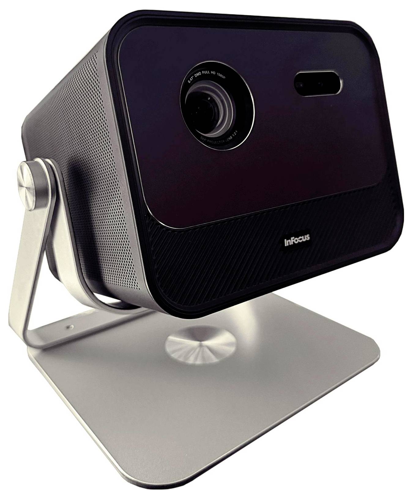 Un projecteur noir moderne monté sur un support métallique élégant, montrant l'objectif et la marque à l'avant.