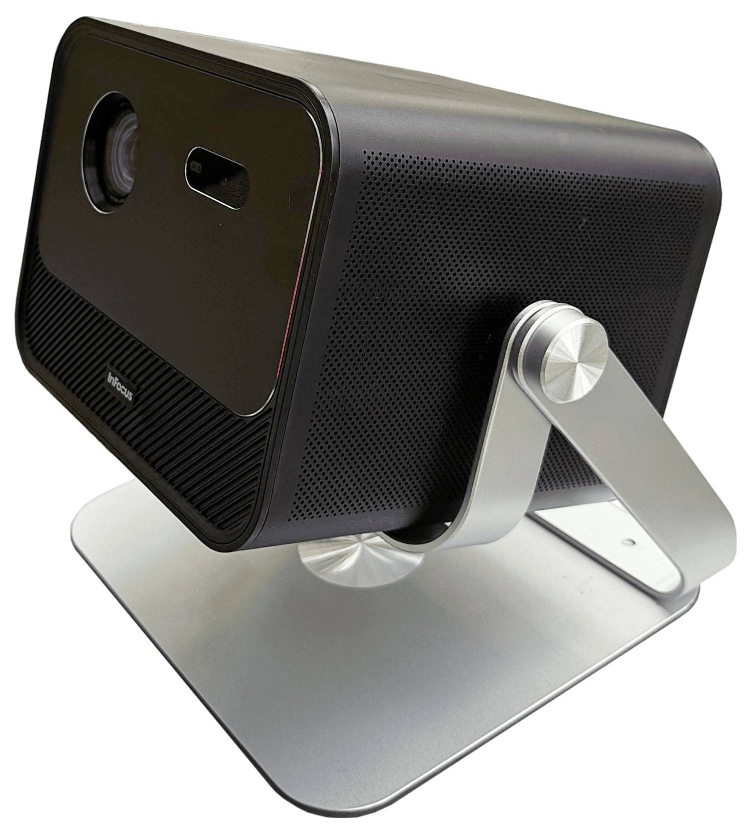 Un projecteur élégant et moderne avec un design cubique sur un support métallique, incliné vers le haut.