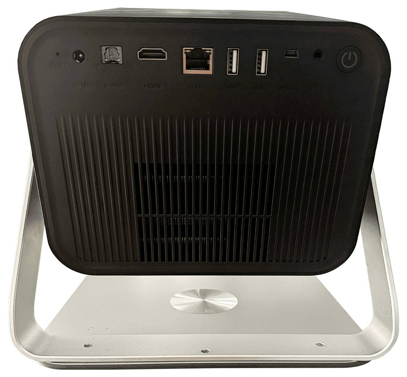 L'image montre la vue arrière d'un projecteur avec différents ports de connectivité, dont HDMI, USB, LAN, et un bouton d'alimentation, monté sur un support.