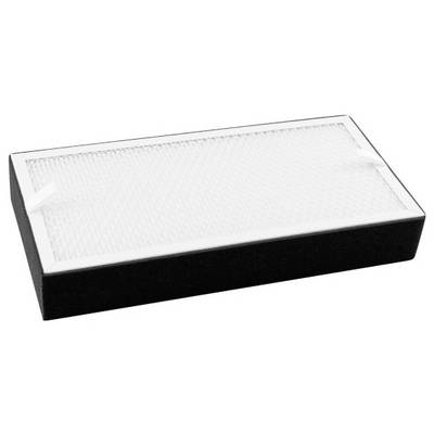 Filtre à air rectangulaire avec un maillage supérieur blanc et un cadre noir, conçu pour être utilisé dans des systèmes de ventilation ou de purification de l'air.