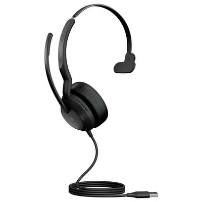 Un casque USB noir, mono, avec un microphone ajustable et un coussin d'oreille rembourré, présenté en position verticale avec son câble enroulé.