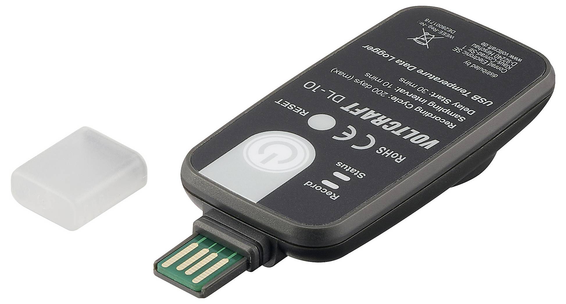 Un enregistreur de données USB étiqueté « VOLCRAFT DL-10 » avec un capuchon transparent à côté, utilisé pour enregistrer les données de température et d'humidité.