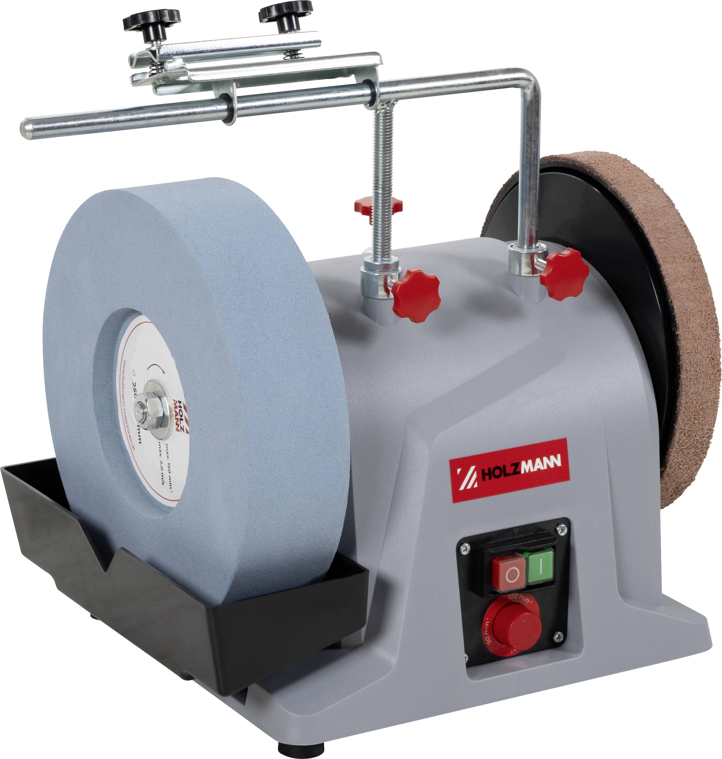 Une machine à affûter avec deux roues : une meule de rectification bleue et une roue de cuir marron pour l'affûtage. Le logo 'Holzmann' est visible sur l'avant.