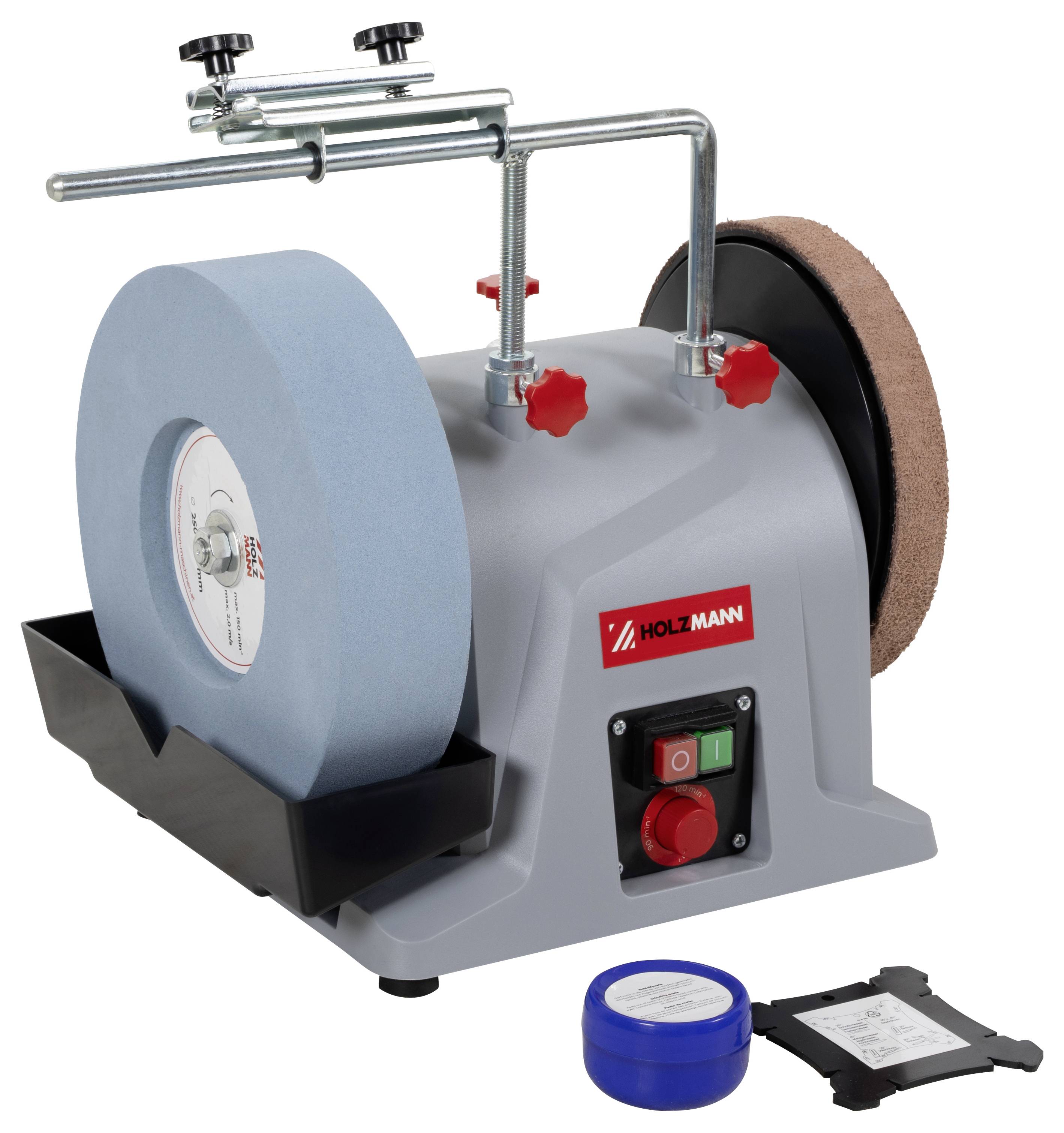 Une machine à affûter professionnelle refroidie par eau, équipée d'un disque de meulage bleu, d'une roue de finition en cuir et de commandes de contrôle pour l'affûtage précis des outils.