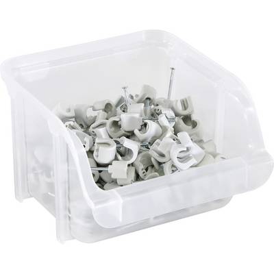 Un bac en plastique transparent rempli de clips de câble blancs, chacun muni d'un clou, utilisés pour fixer des câbles aux surfaces.