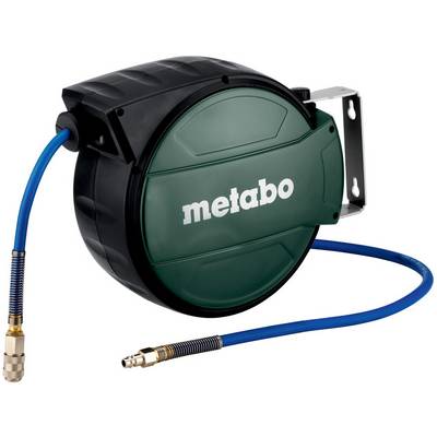 Enrouleur de tuyau d'air rétractable Metabo avec tuyau bleu et support de montage métallique.