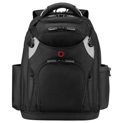 Un sac à dos noir avec plusieurs compartiments à fermeture éclair, des poches latérales et une poignée sur le dessus, arborant un logo en croix rouge et noir sur l'avant.