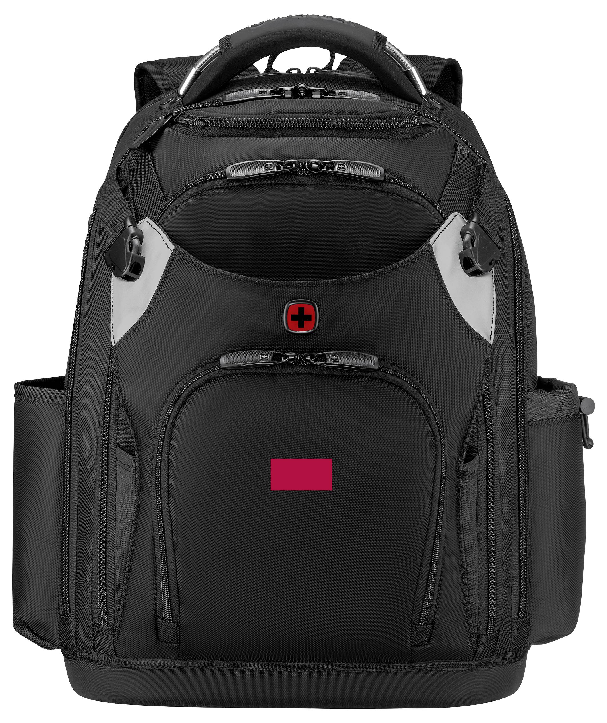 Un sac à dos noir à plusieurs compartiments, arborant un logo de croix rouge sur la poche avant, suggérant un thème médical ou d'urgence.