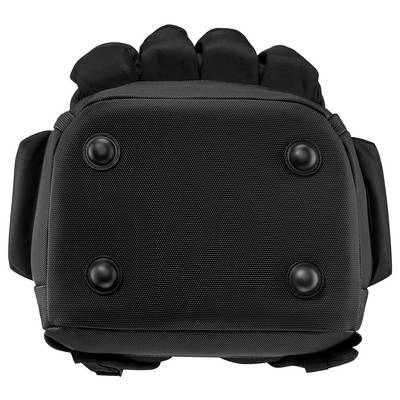 Un sac à dos tactique noir avec quatre boutons arrondis visibles à l'arrière et des sections rembourrées le long du haut et des côtés.