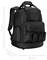 Un sac à dos noir avec des accents rouges, doté de plusieurs poches extérieures. Dimensions indiquées : 47 cm de hauteur, 38 cm de largeur, 26 cm de profondeur.